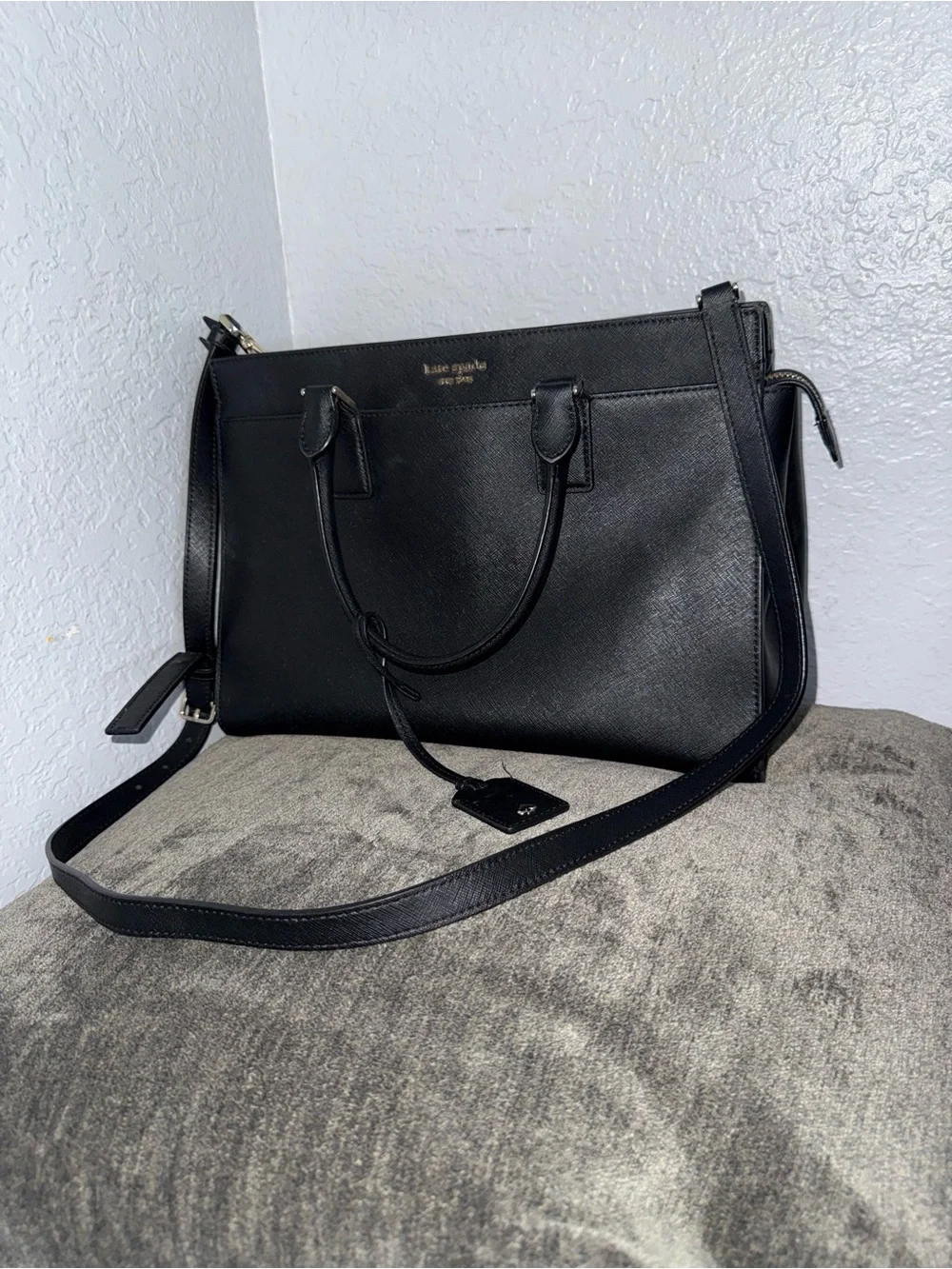 kate spade black leather satchel with adjustable crossbody strap